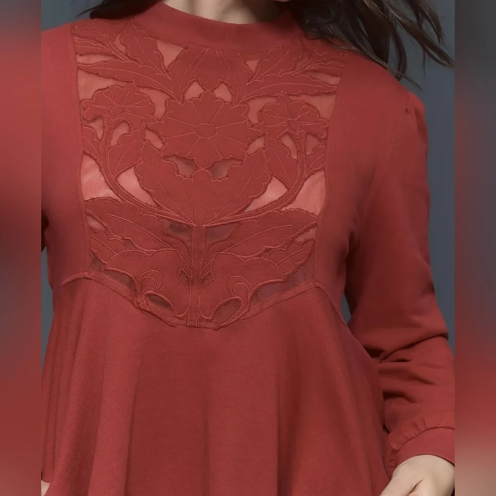 By Anthropologie Cutwork Embroidered Lace Floral Sheer Swing Top in Wine, XS